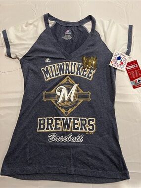 Milwaukee Brewers Women's Navy V-Neck Tee by Majestic